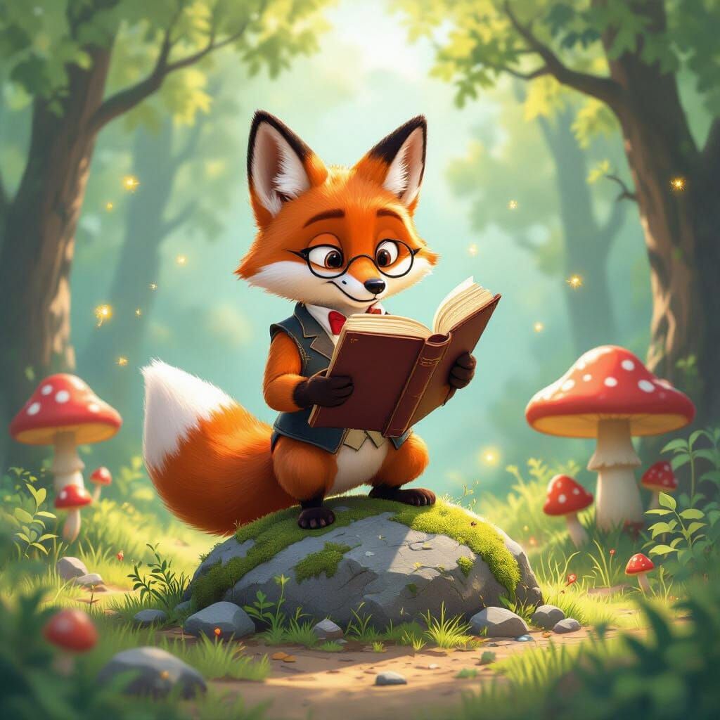 Dapper Fox Reads Ancient Tome in Whimsical Forest