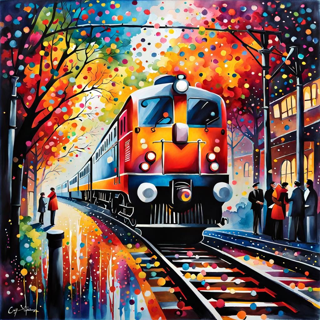Trainstation, train, lovers departing.  
 Confetti Watercolo...
