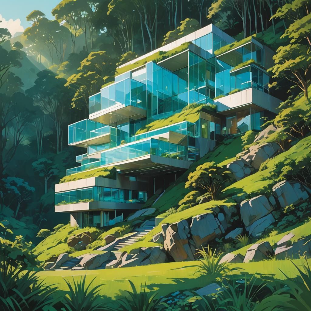 Crystalline Structure Integrated into Lush Green Hillside