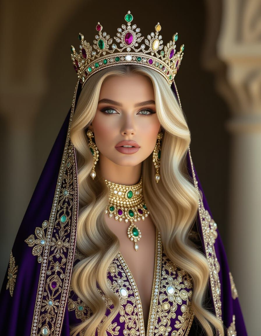 Majestic Blonde Model in Luxurious Abaya with Crown
