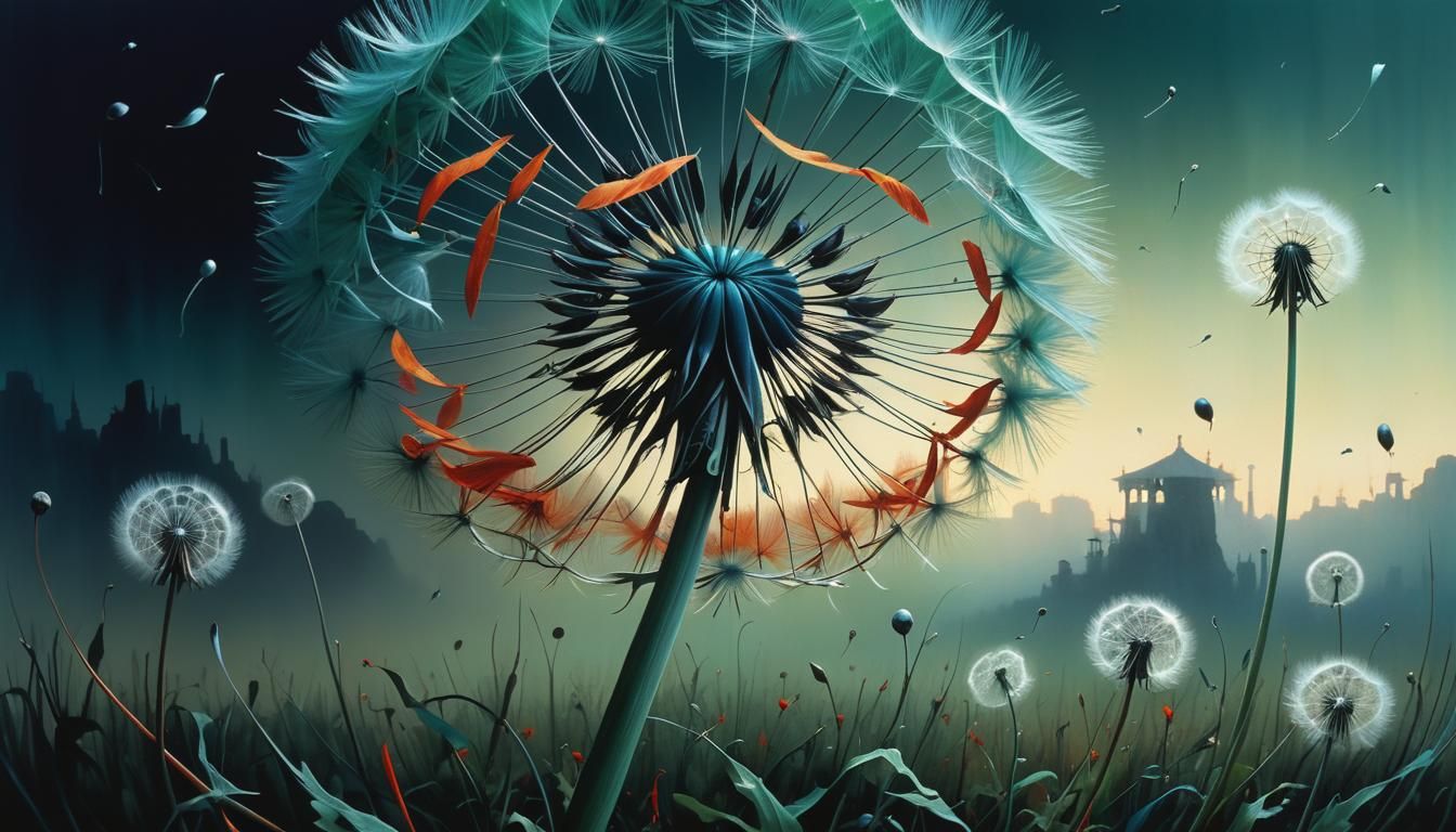 Ominous Dandelion Seeds in Surreal Dark Art Style