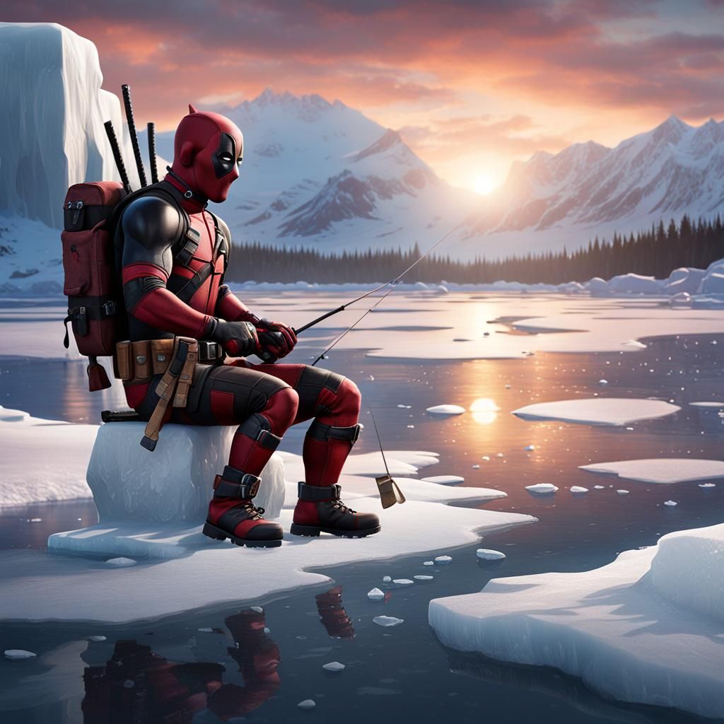 Deadpool Ice Fishing in Arctic Sunset: Digital Art