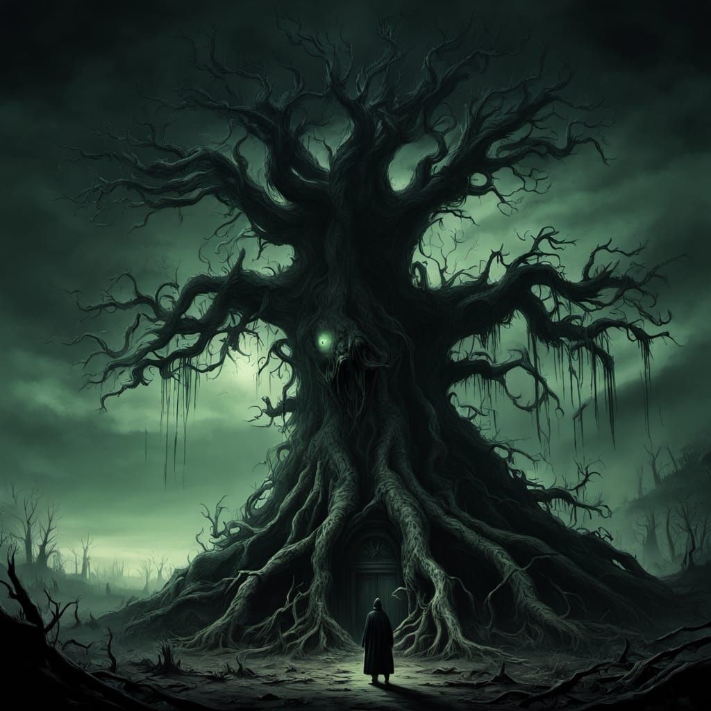 Surreal Dark Fantasy Scene with Grotesque Creature