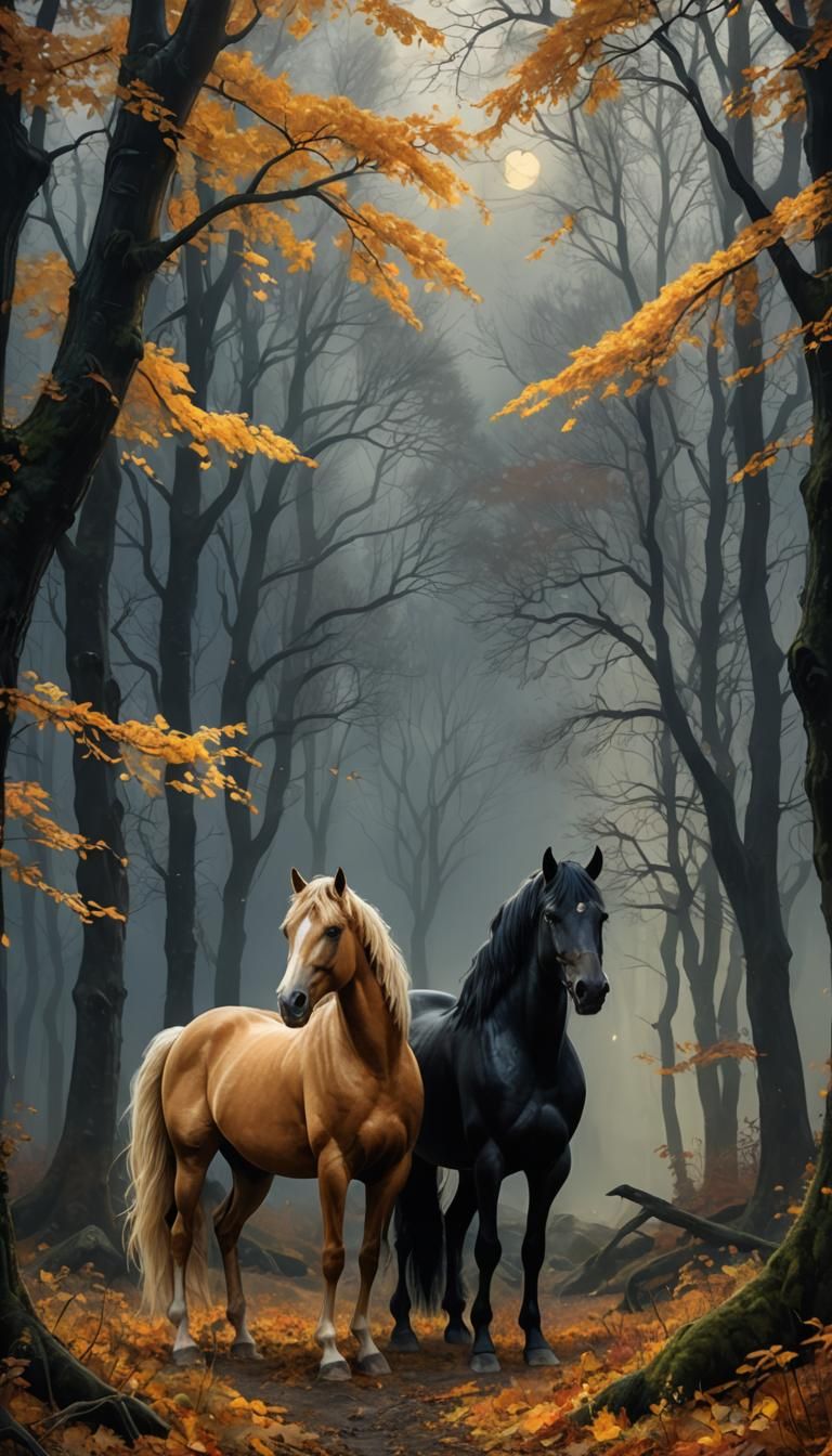 Majestic Horses in Misty Autumn Forest