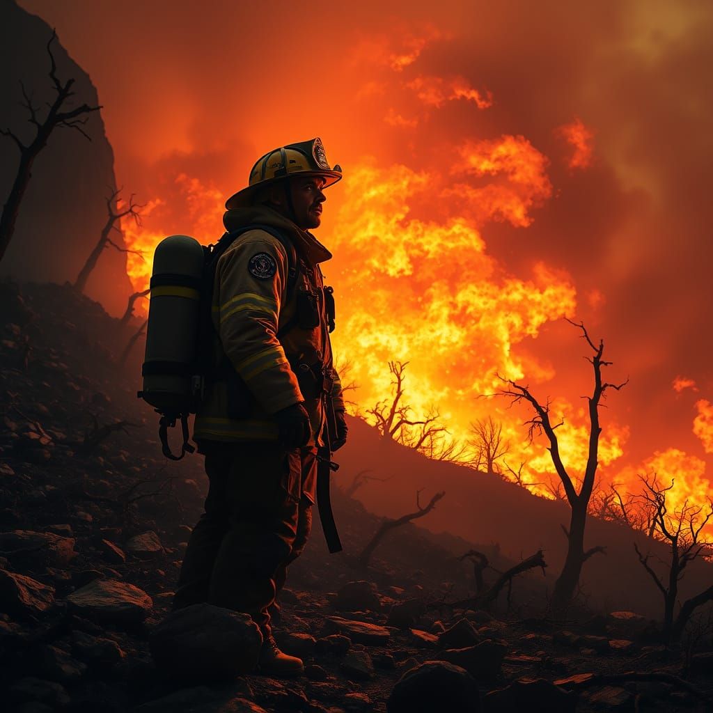 Firefighter Stands Resolute Against Raging Wildfire in Hyper...
