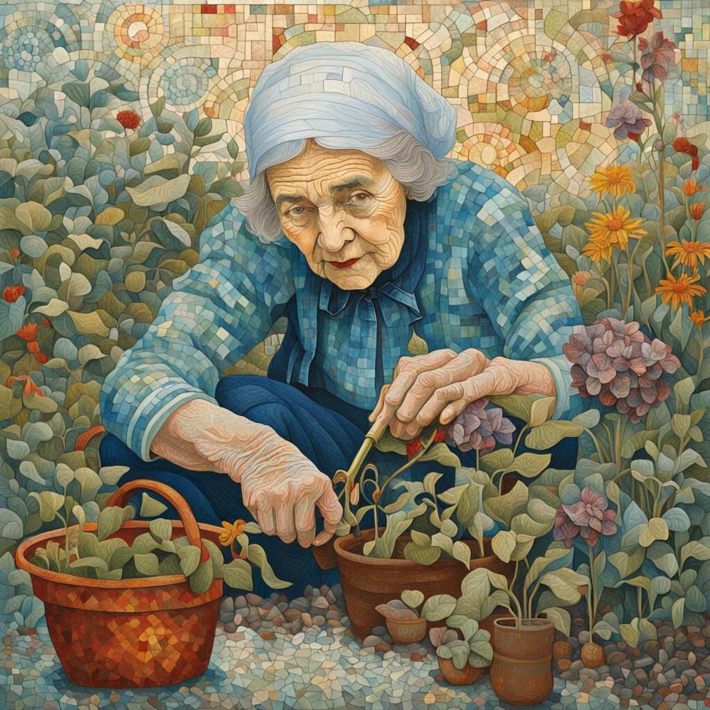 Colorful Mixed Media Portrait of Old Woman Gardening
