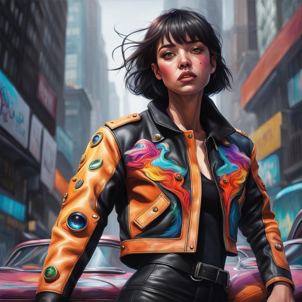 hyper realistic, futuristic, proportionate, realistic eyes, black leather...