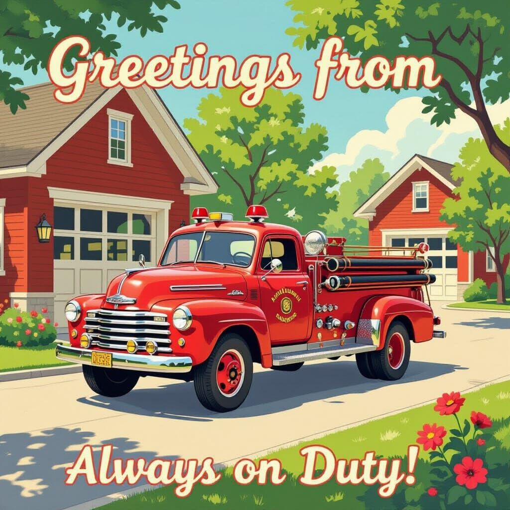 Vintage Fire Truck Postcard in Retro Illustration Style