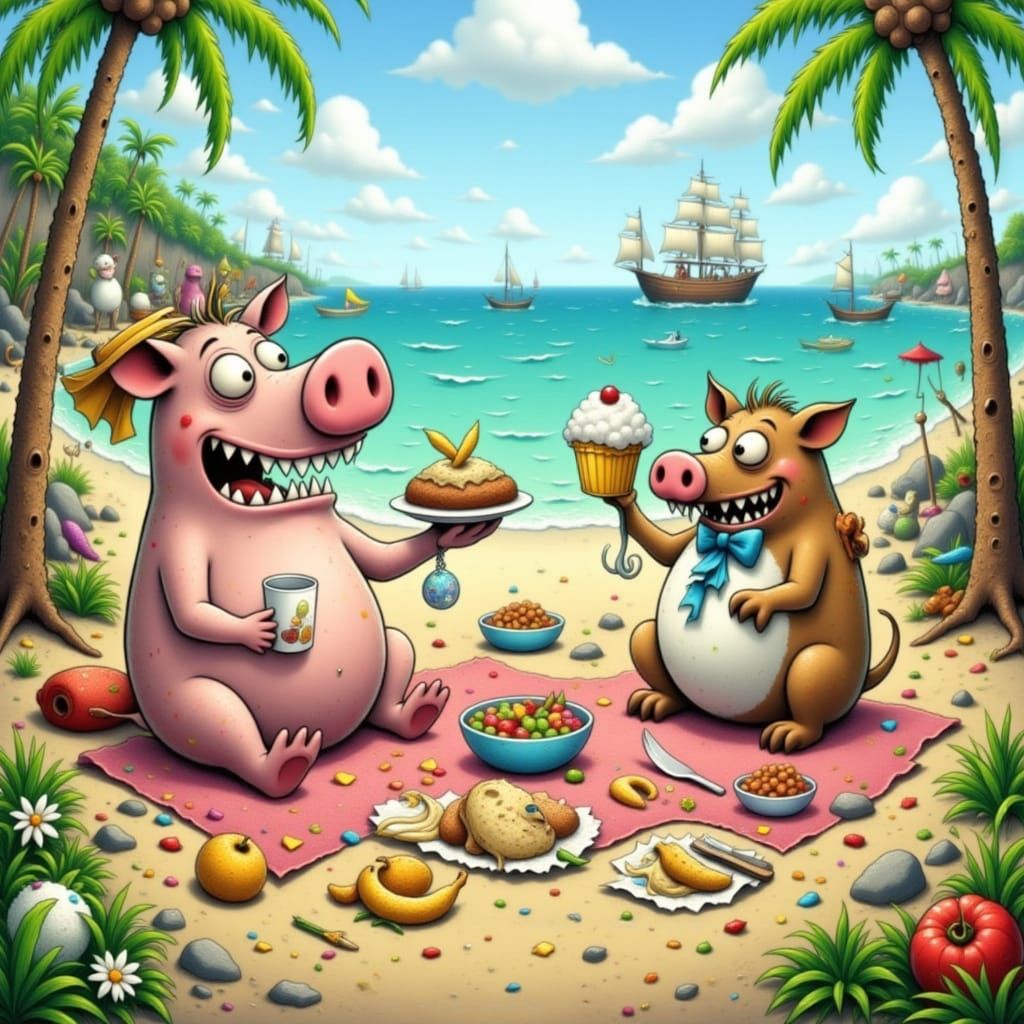 Whimsical Creatures Picnic on a Sunny Beach