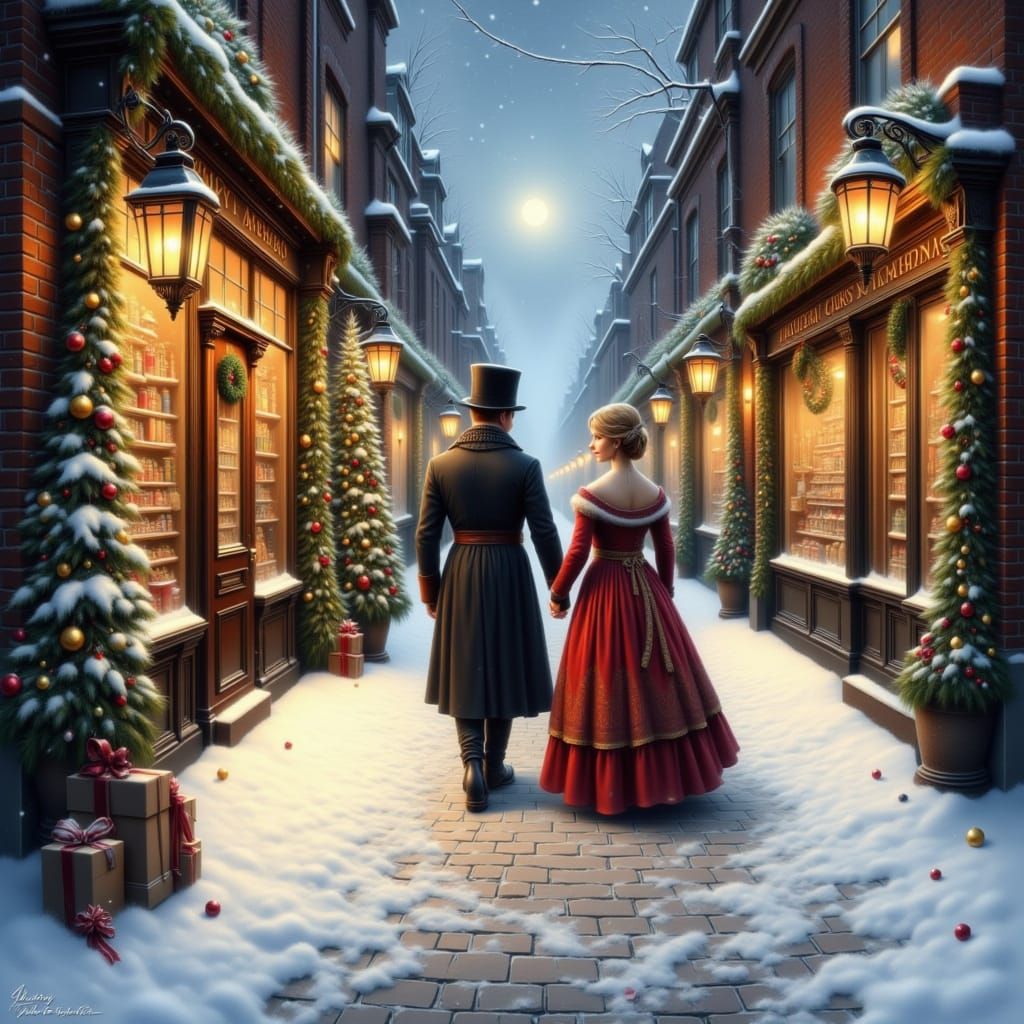 Victorian Christmas Scene: Couple Walking in Snow