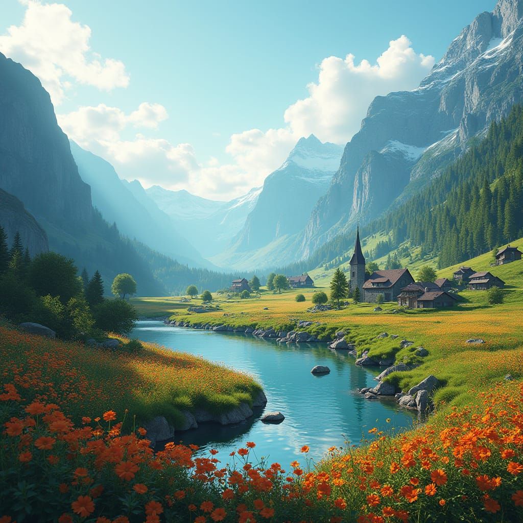 Surreal Fjord Village in Alps with Dynamic Lighting