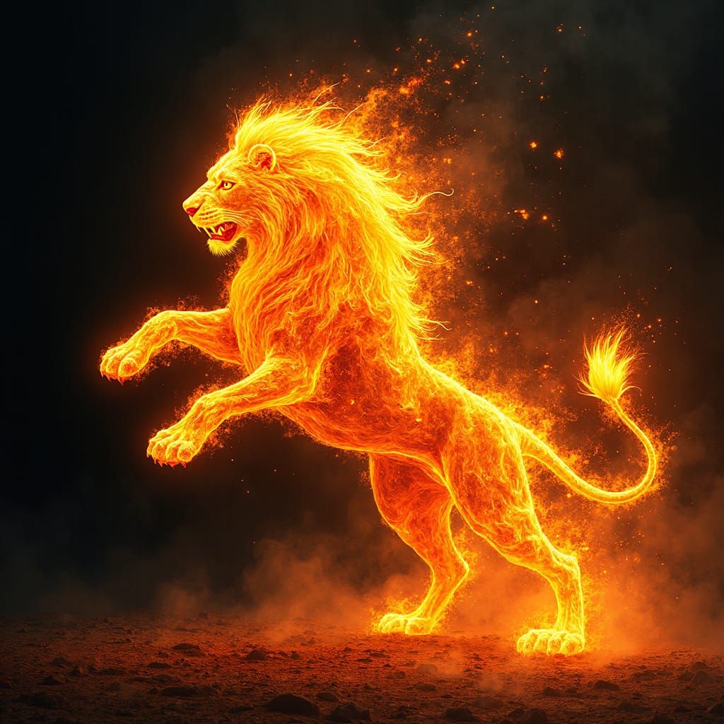 Majestic Lion Erupts from Leaping Flames in Chiaroscuro Styl...