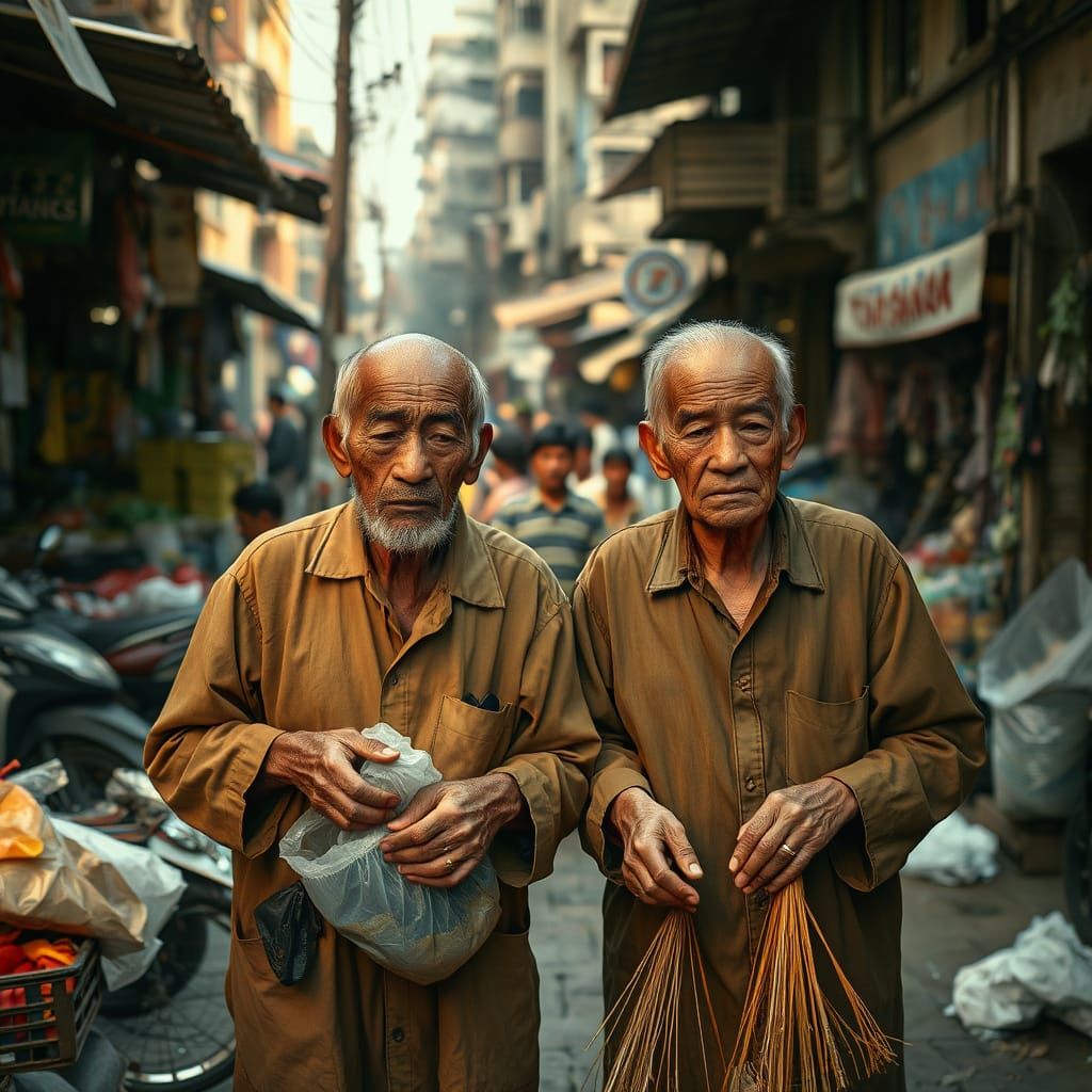 Weathered Asian Couple Collecting Rubbish in Bustling Market...