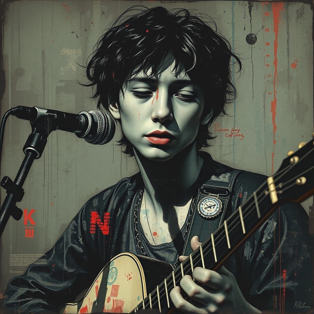 Vibrant Glitchcore Portrait in Distressed Screen Print Style