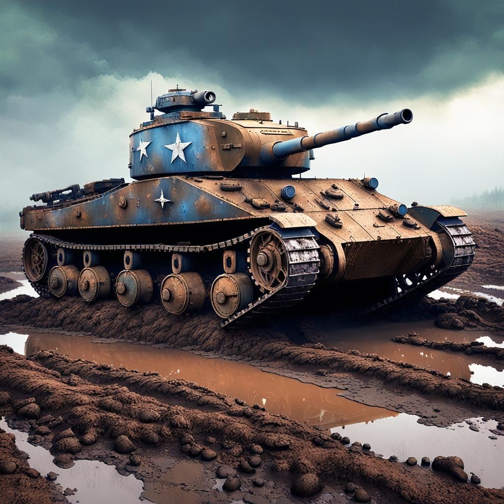 Steampunk WW2 Tank in Muddy Field, Matte Painting