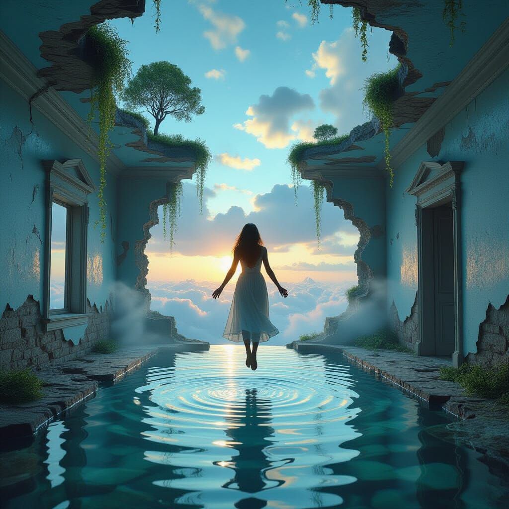 Dreamlike Levitation in a Crumbling Twilight Room