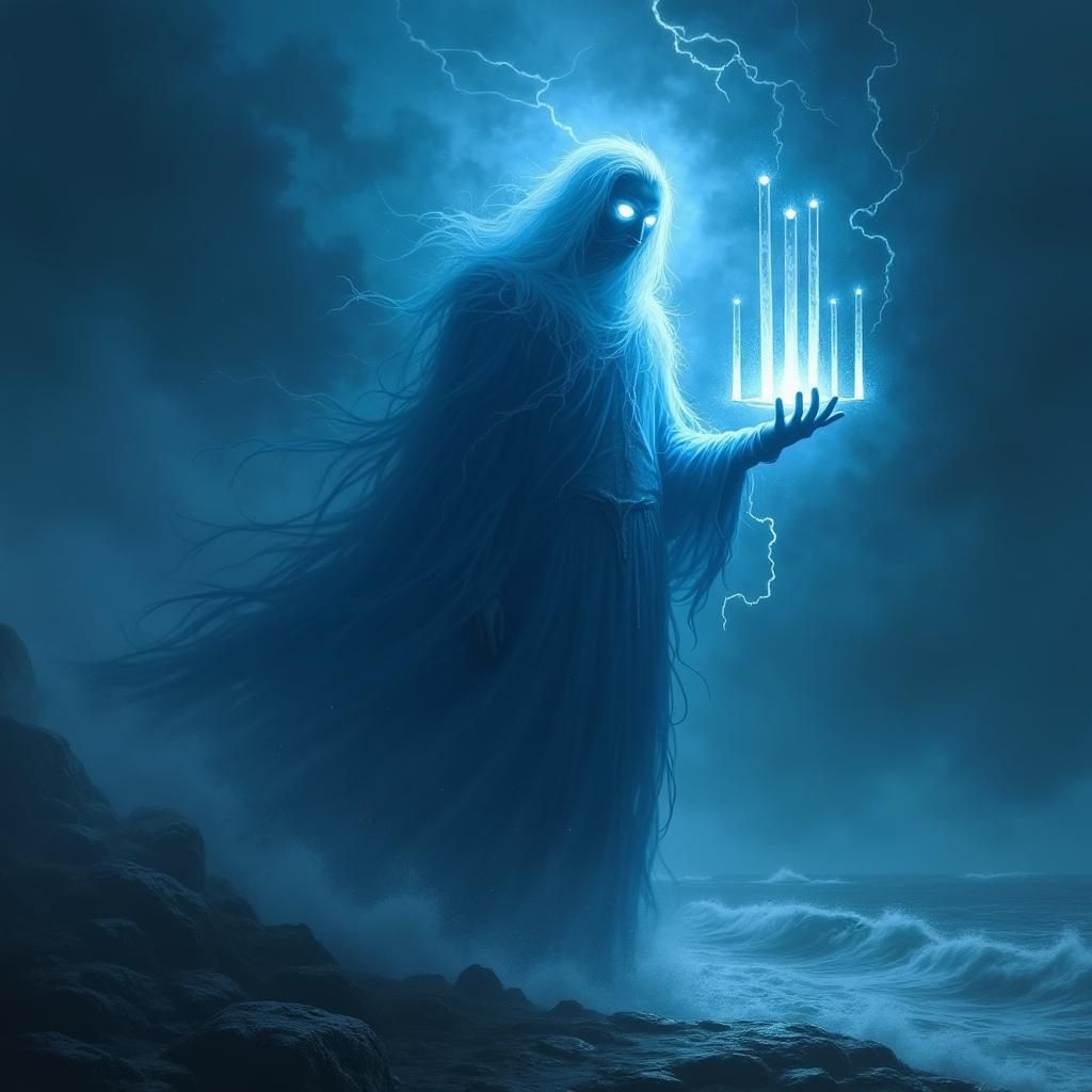 Blue-Skinned Man Amidst Storm with Luminous Pillars