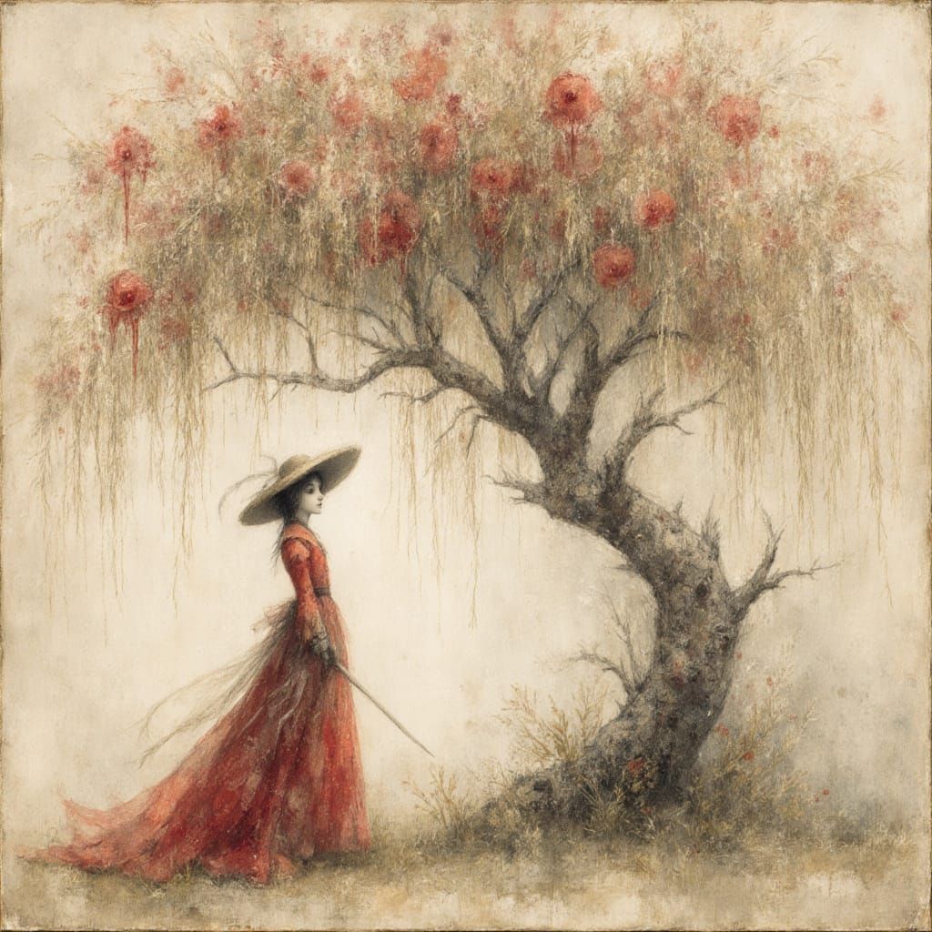 Gloomy Lady Under Willow Tree in Gothic Art Style