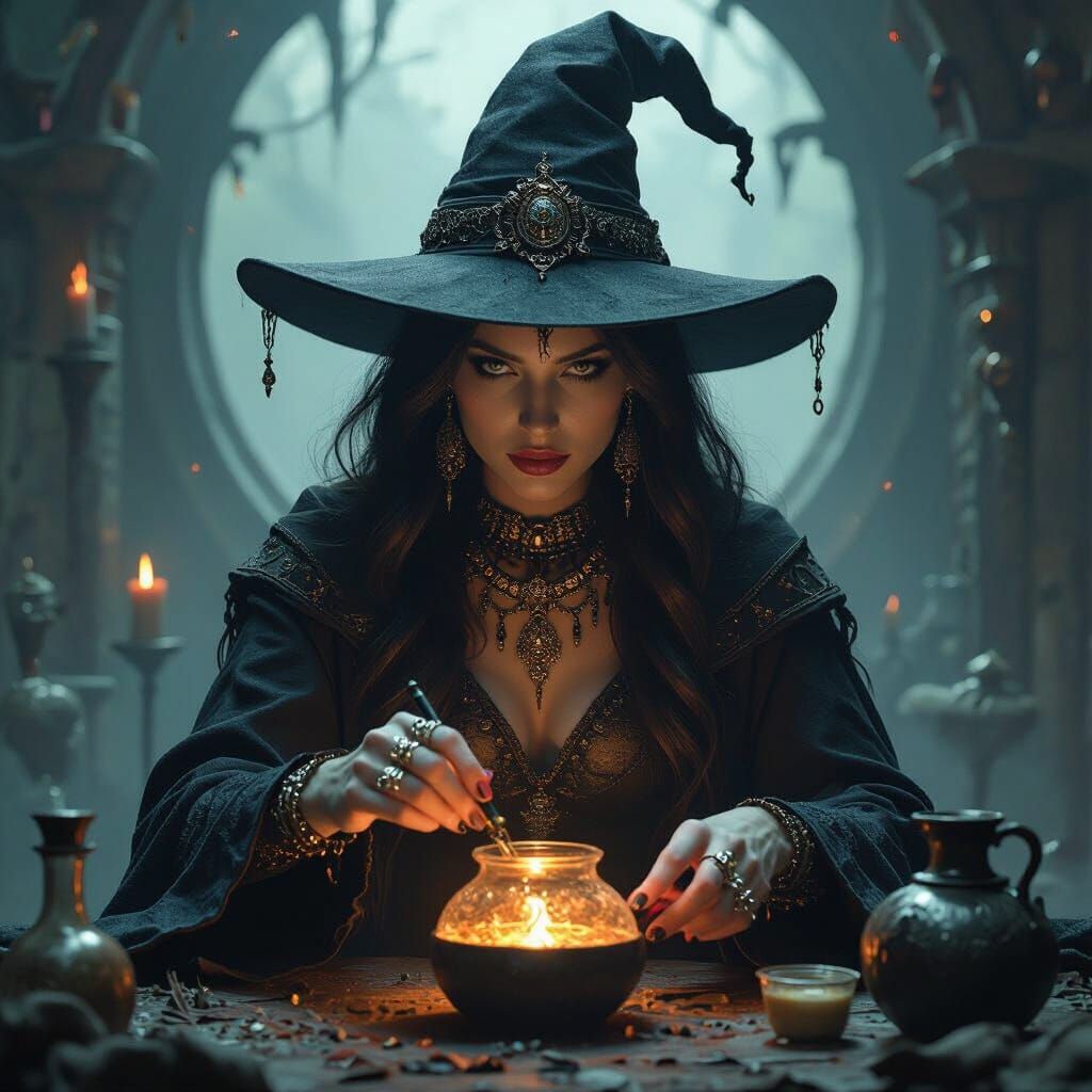 Demonic Witch Brewing Potions in Eerie Realm