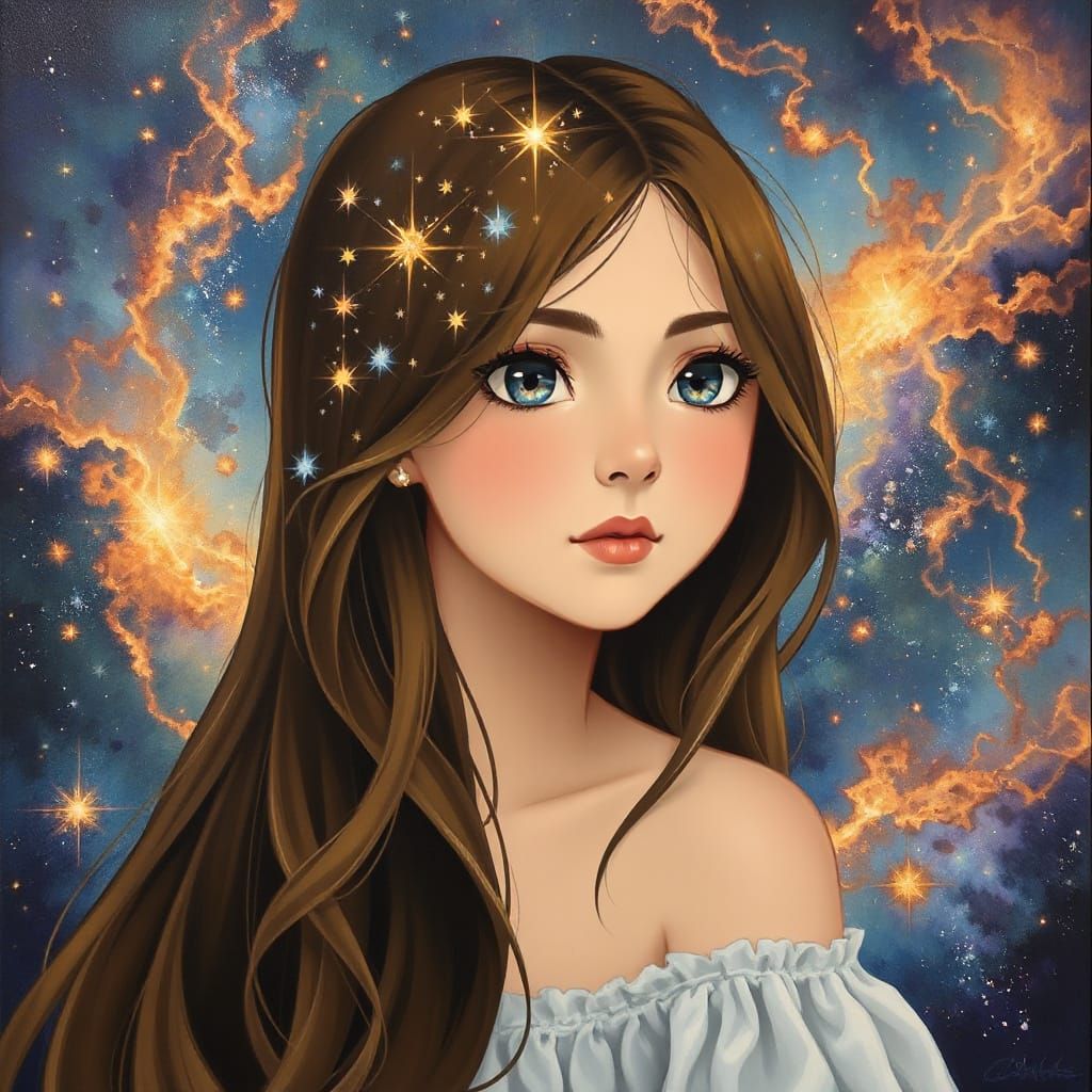 Celestial Woman in Ghibli Style with Star Constellation Face