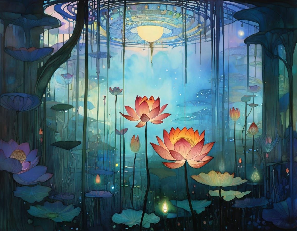 Bioluminescent Lotus in Alien Jungle Twilight