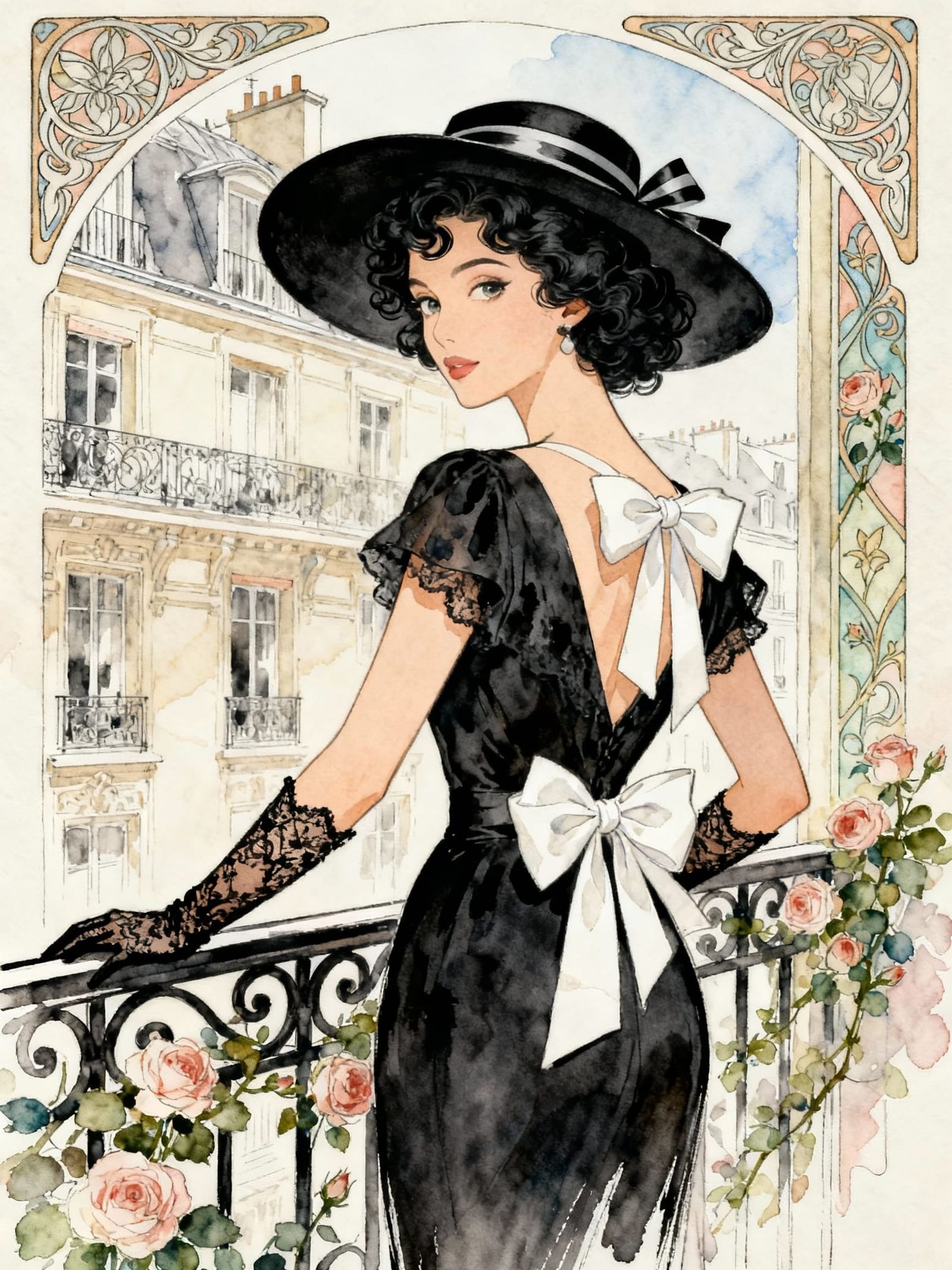 Parisian Balcony Dream in Art Nouveau Watercolor Style