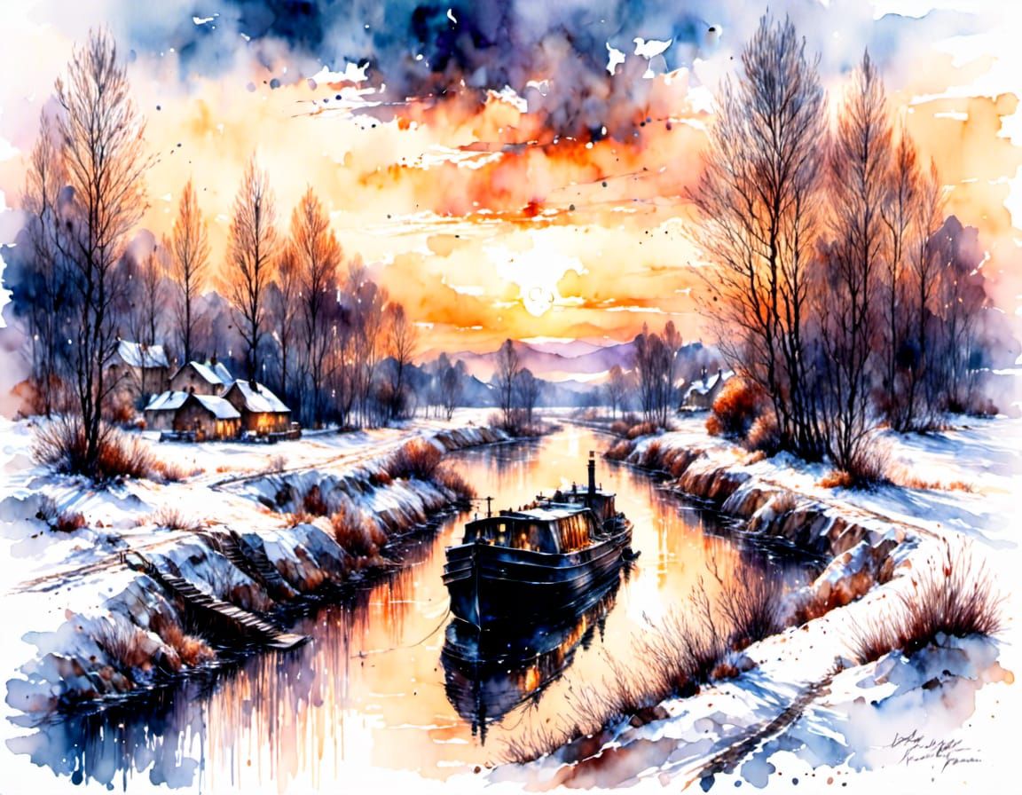 Snowy Canal Barge at Sunrise in Watercolor Style