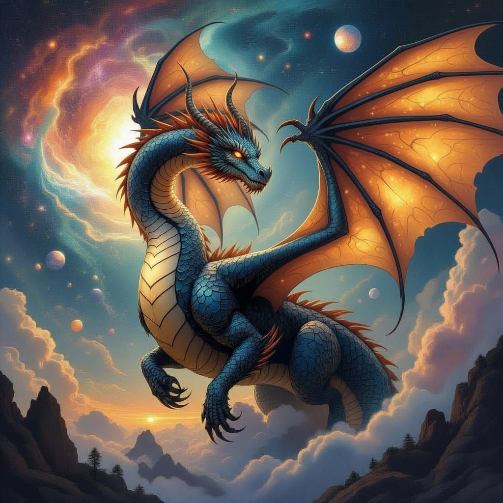 Cosmic Dragon in Nebula, Dark Fantasy Style
