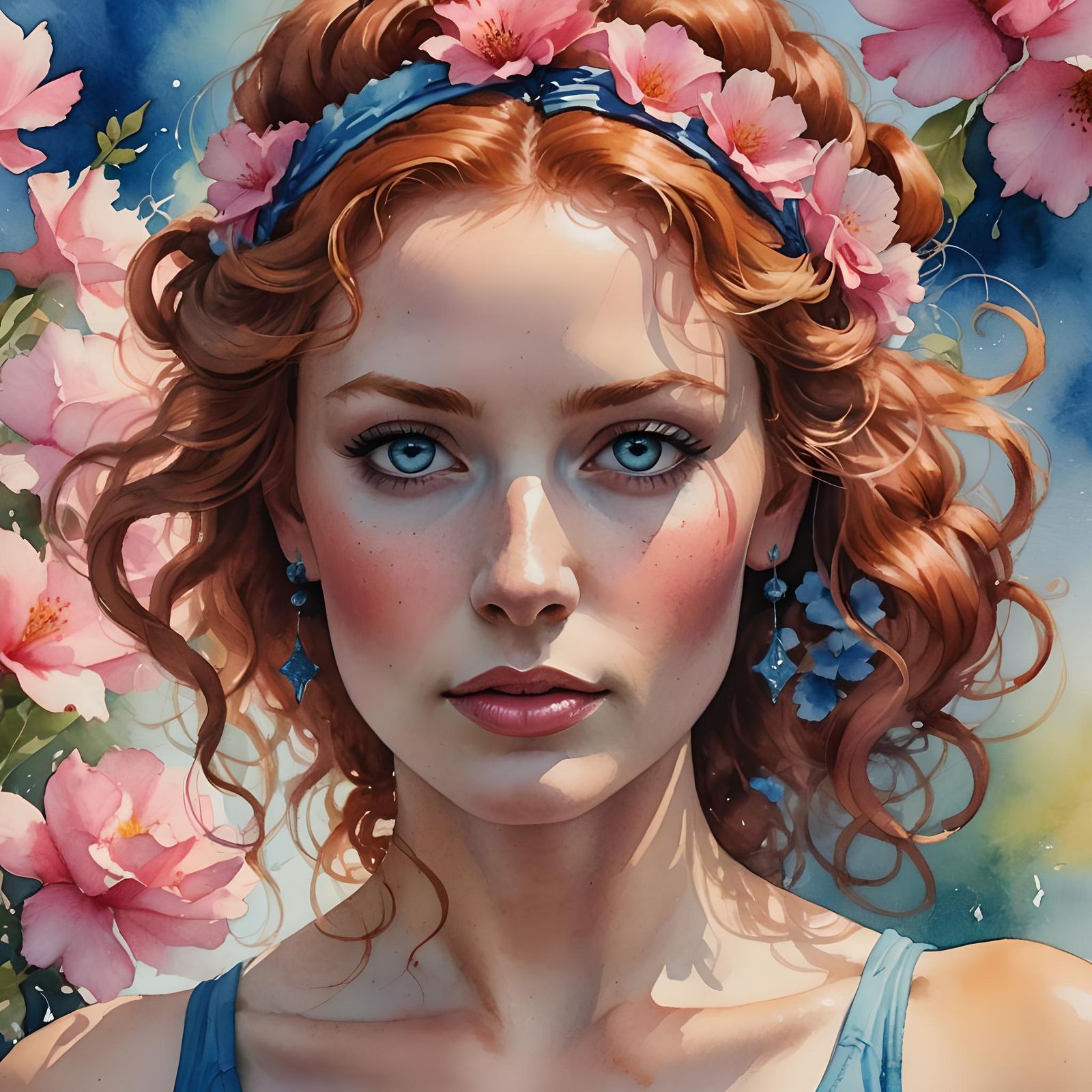 Watercolor Portrait of Smiling Redhead with Pink Bra