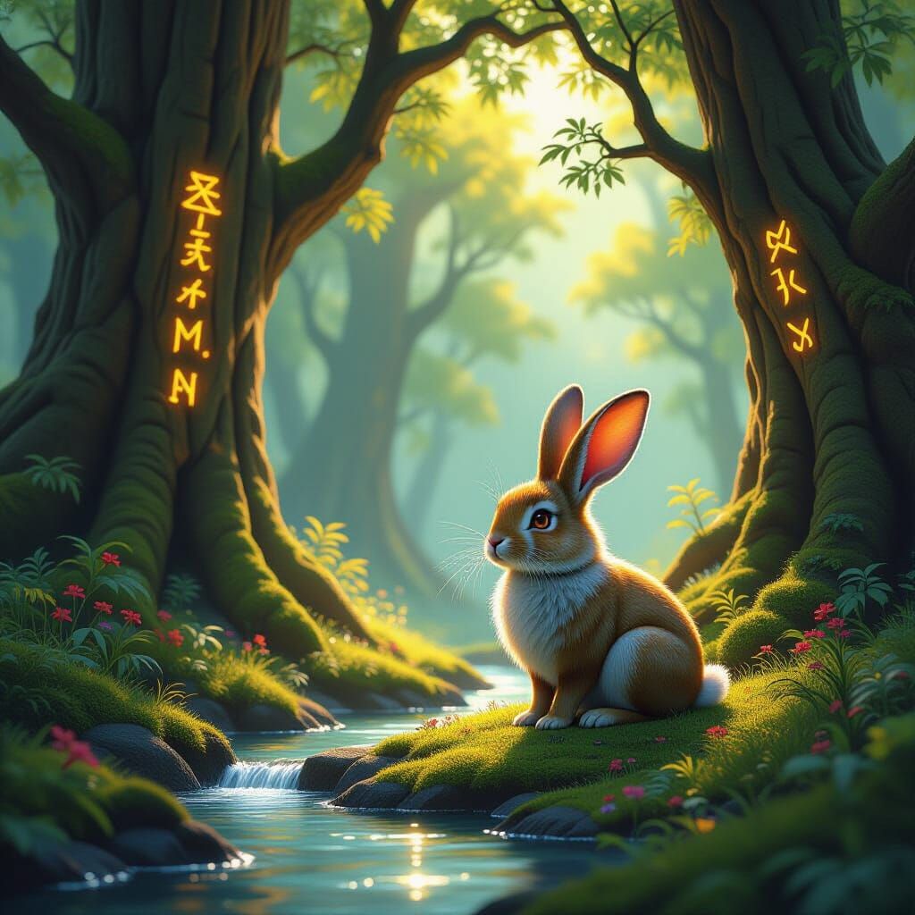 Ancient Rabbit in Mystical Forest Clearing