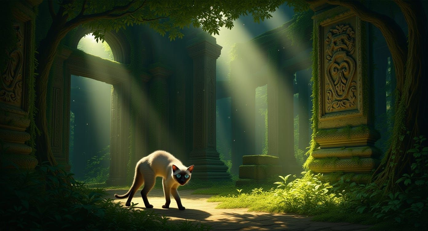 Siamese Cat Explores Ancient Jungle Temple in Alcohol Ink St...
