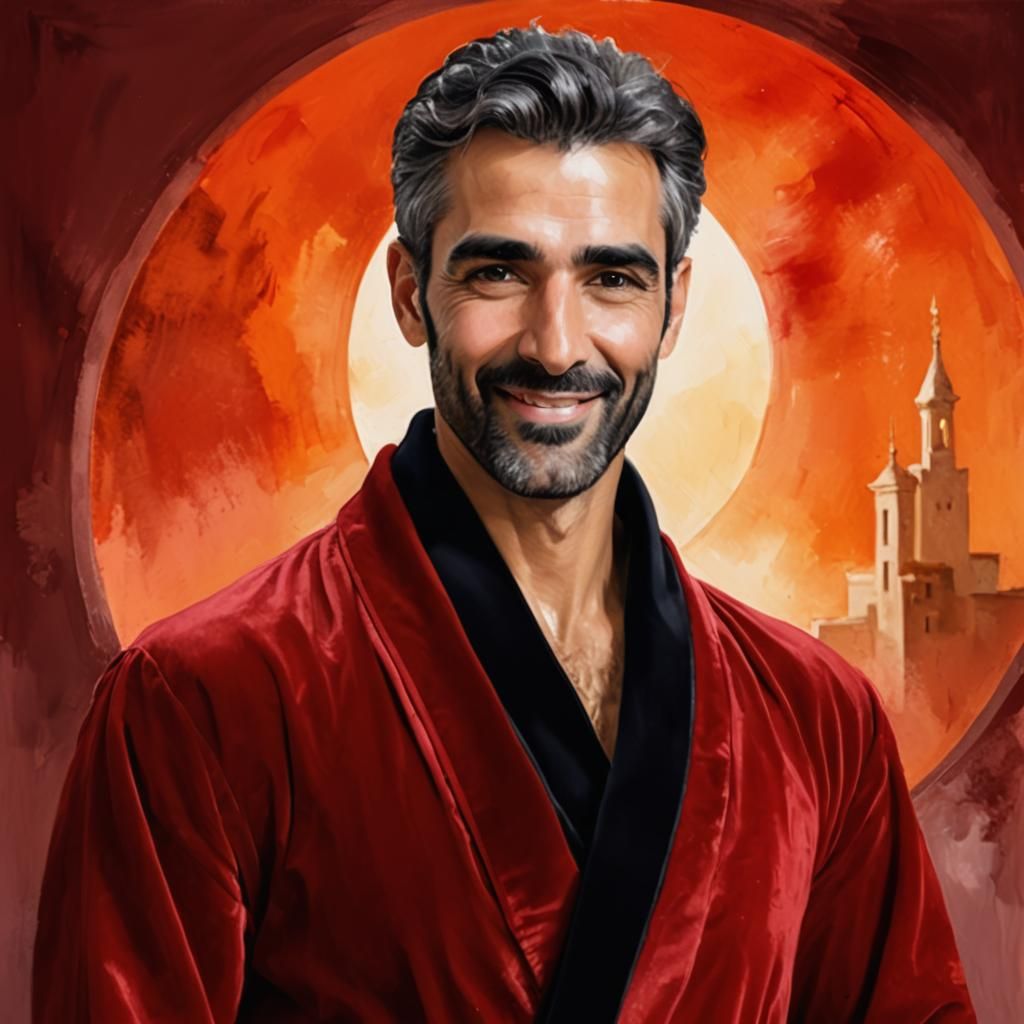Smiling Man in Red Velvet Robe, Impasto Oil Painting