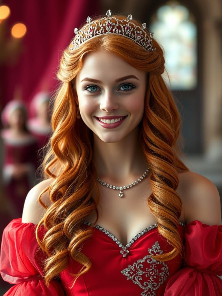 Medieval Princess in Vibrant Red Ball Gown at Castle Ball