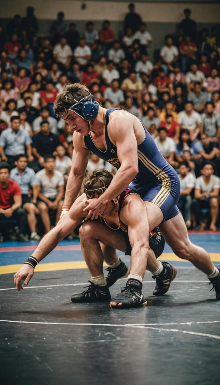 two wrestlers in the middle of a mat wrestling, the crowed is surrounding them