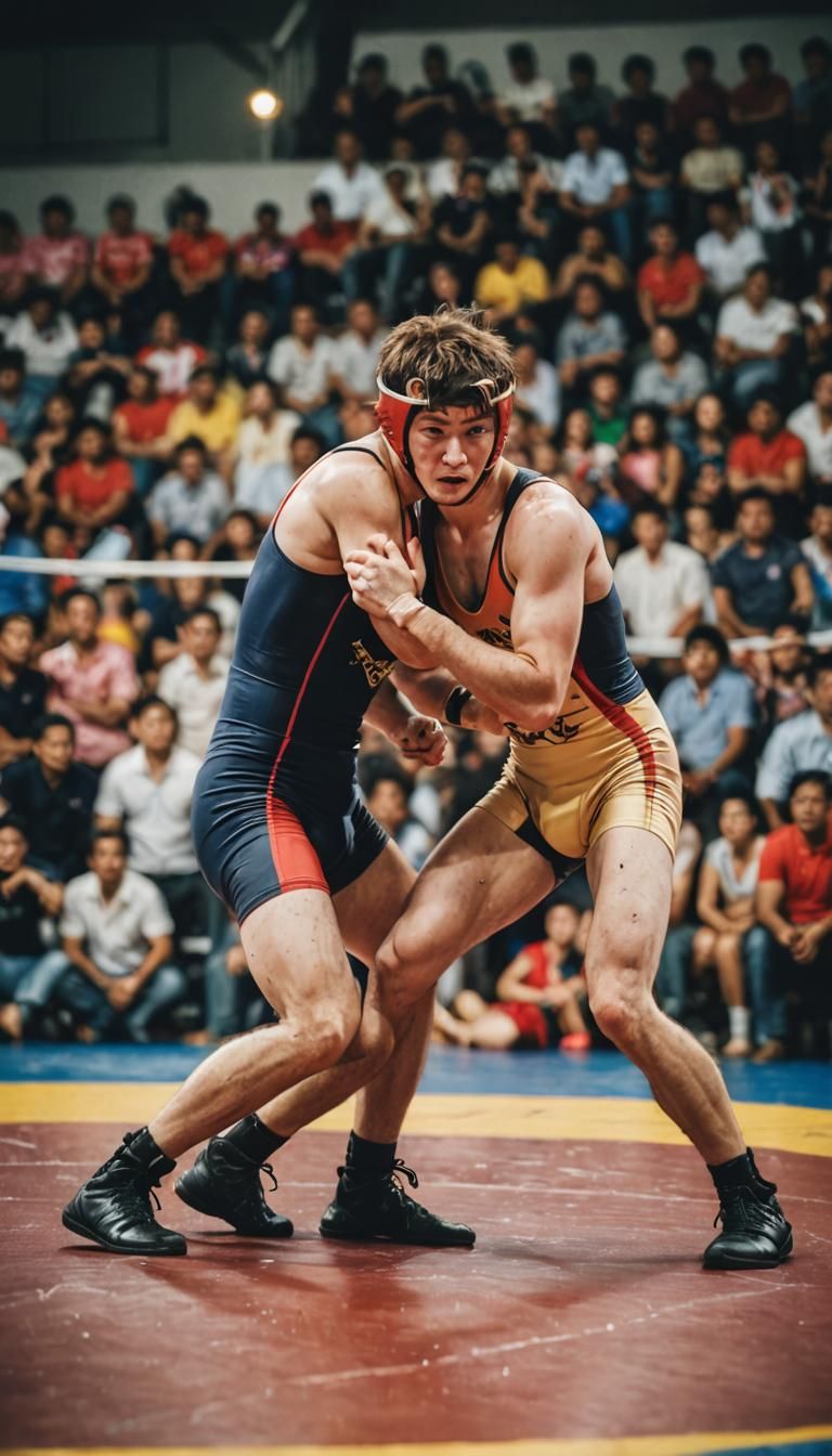 two wrestlers in the middle of a mat wrestling, the crowed is surrounding them