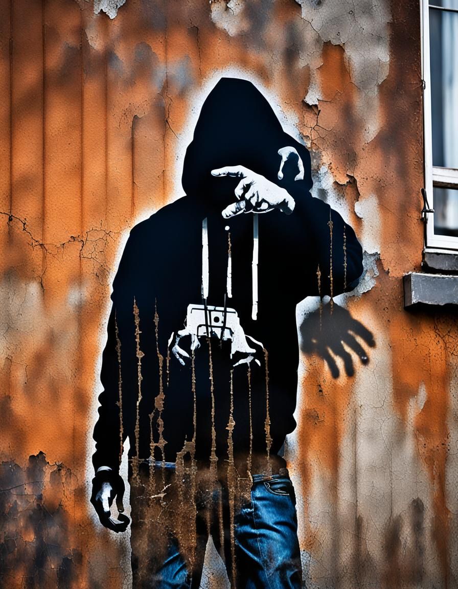 Banksy Style Stencil Art: Man Hanging From Window
