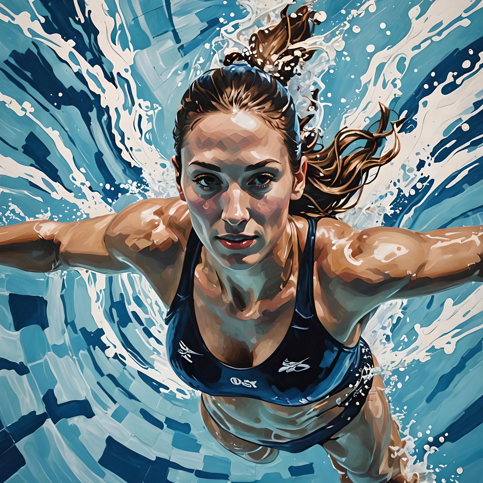 Overhead Painting of Olympic Swimmer in Pool