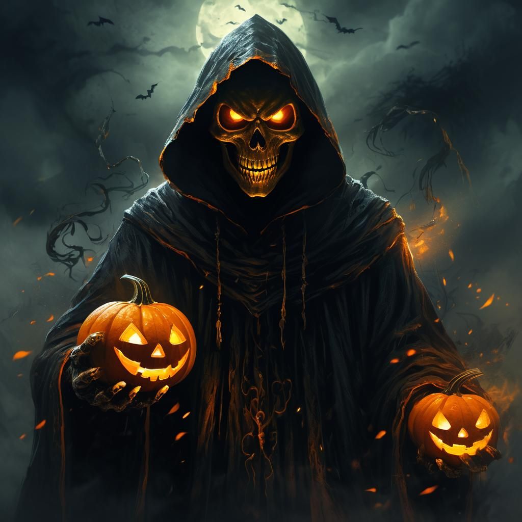 Pumpkin Reaper Portrait in Dark Fantasy Style