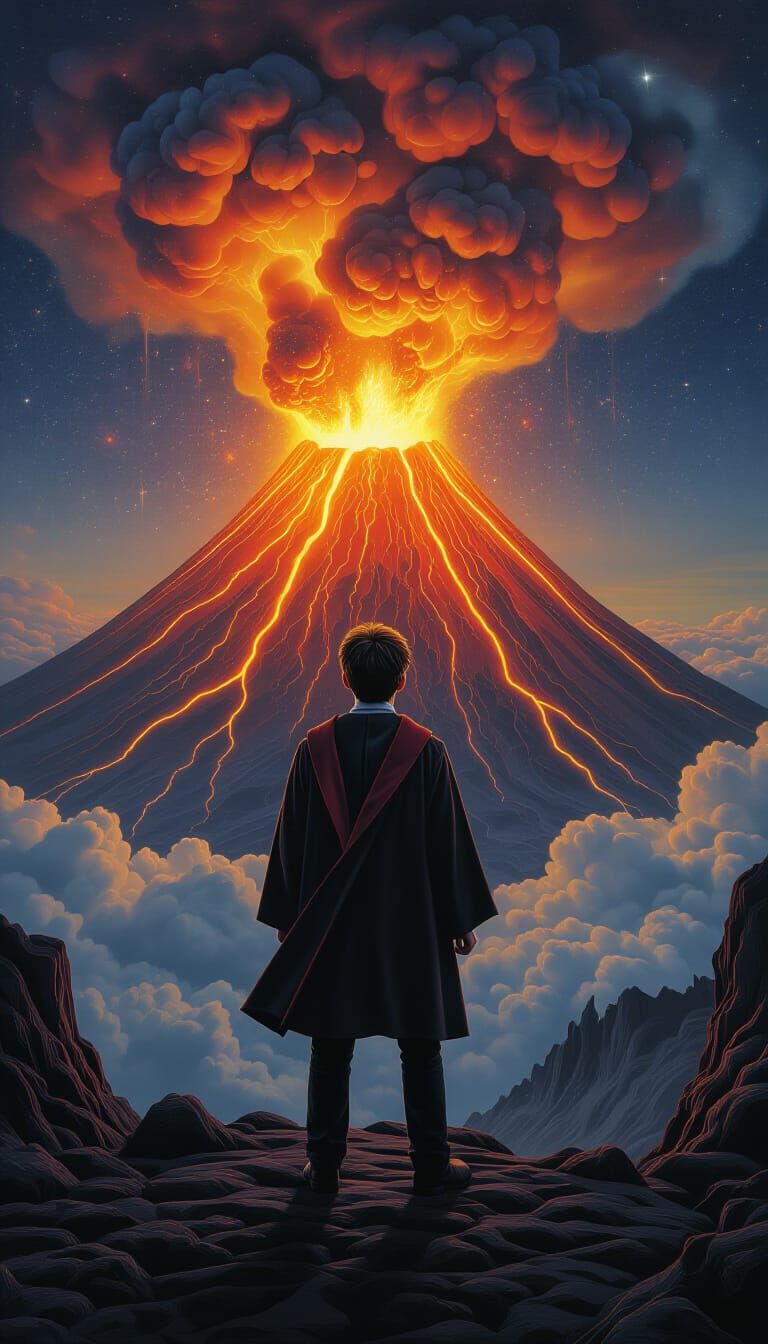 Wizard at Fiery Volcano in Surrealist Style