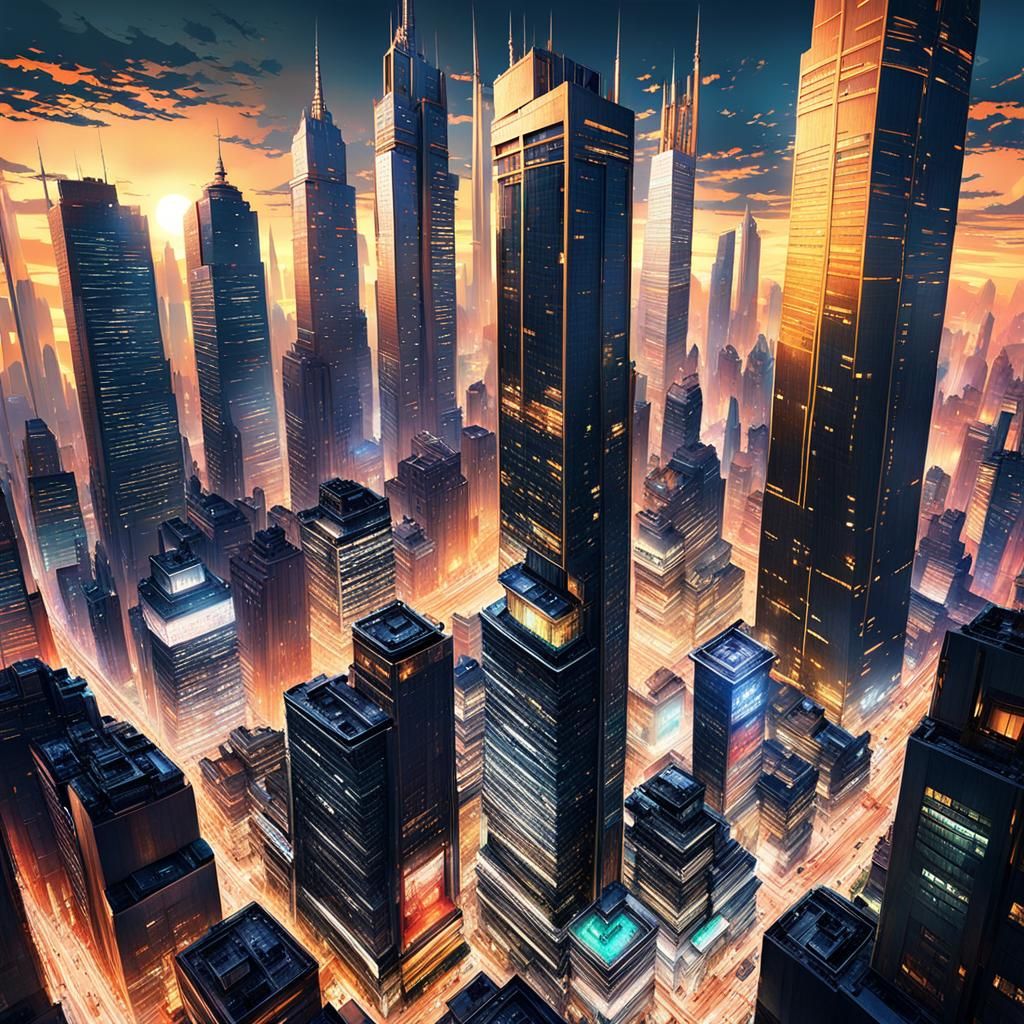 Epic Anime Scene: Futuristic City at Sunset