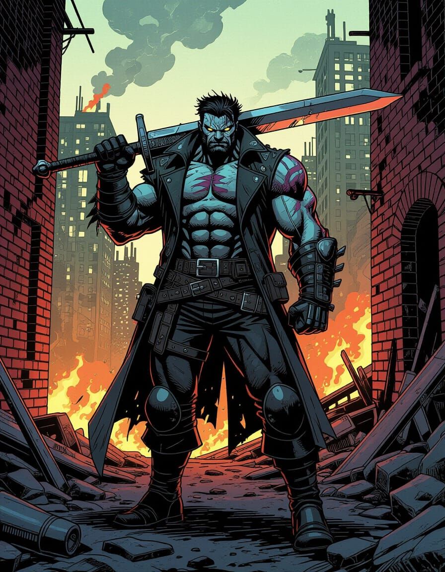 The Outlaw Ironclad in Ruined Alley, Comic Art Style