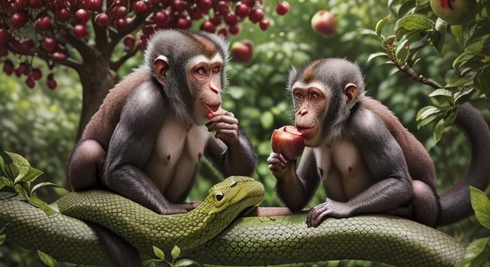 Primates in Lush Garden with Snake: Photograph