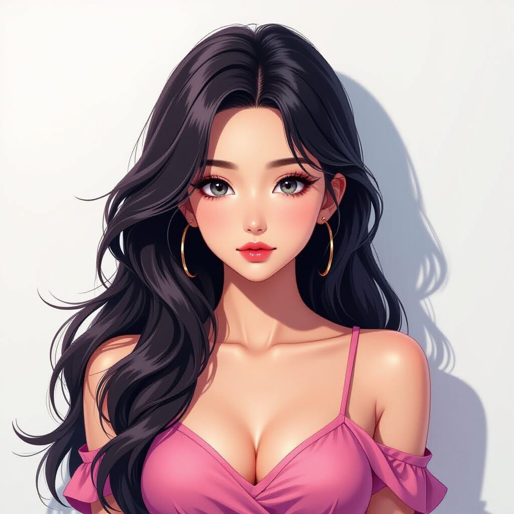 Anime Woman in Pink Top, Gothic Portrait, Textured Gouache S...