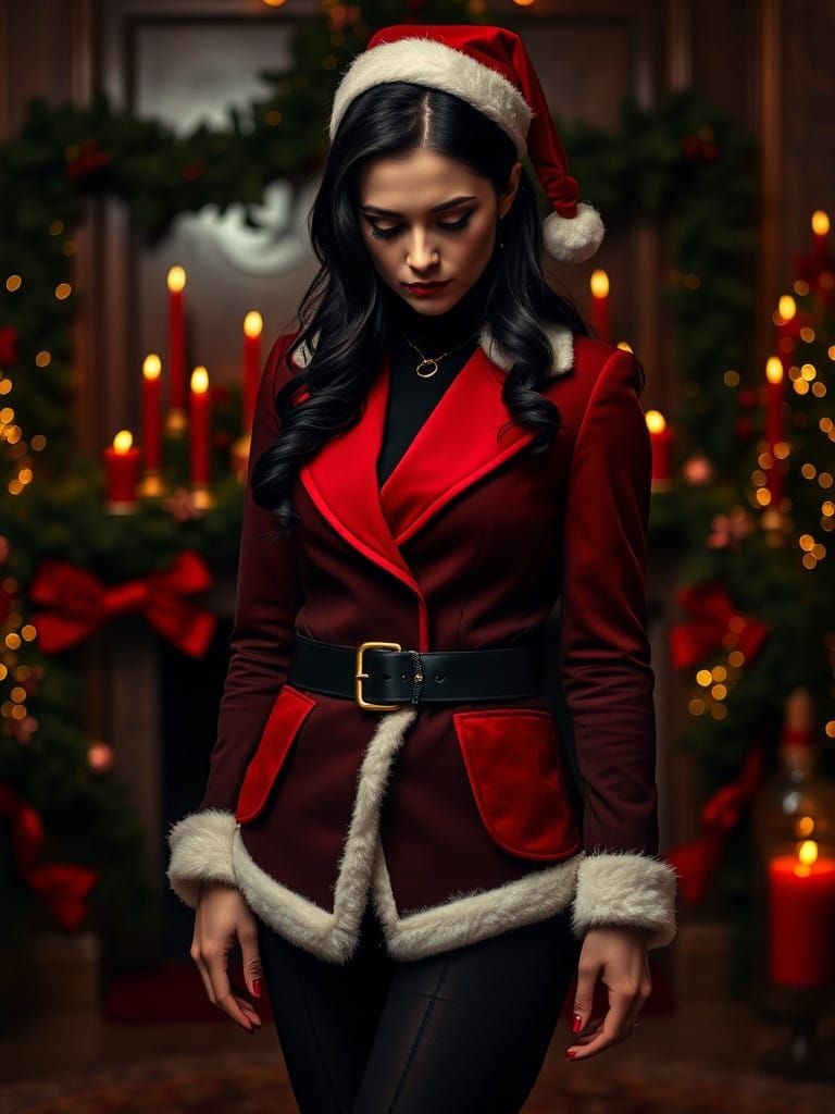 Gothic Wednesday Addams in Elegant Christmas Santa Attire