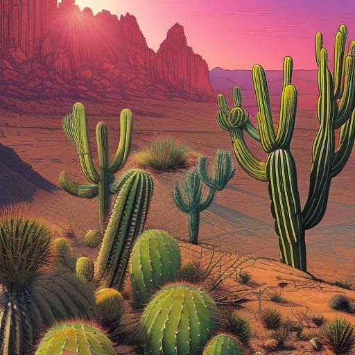 Desert Cacti in Comic Book Art Style