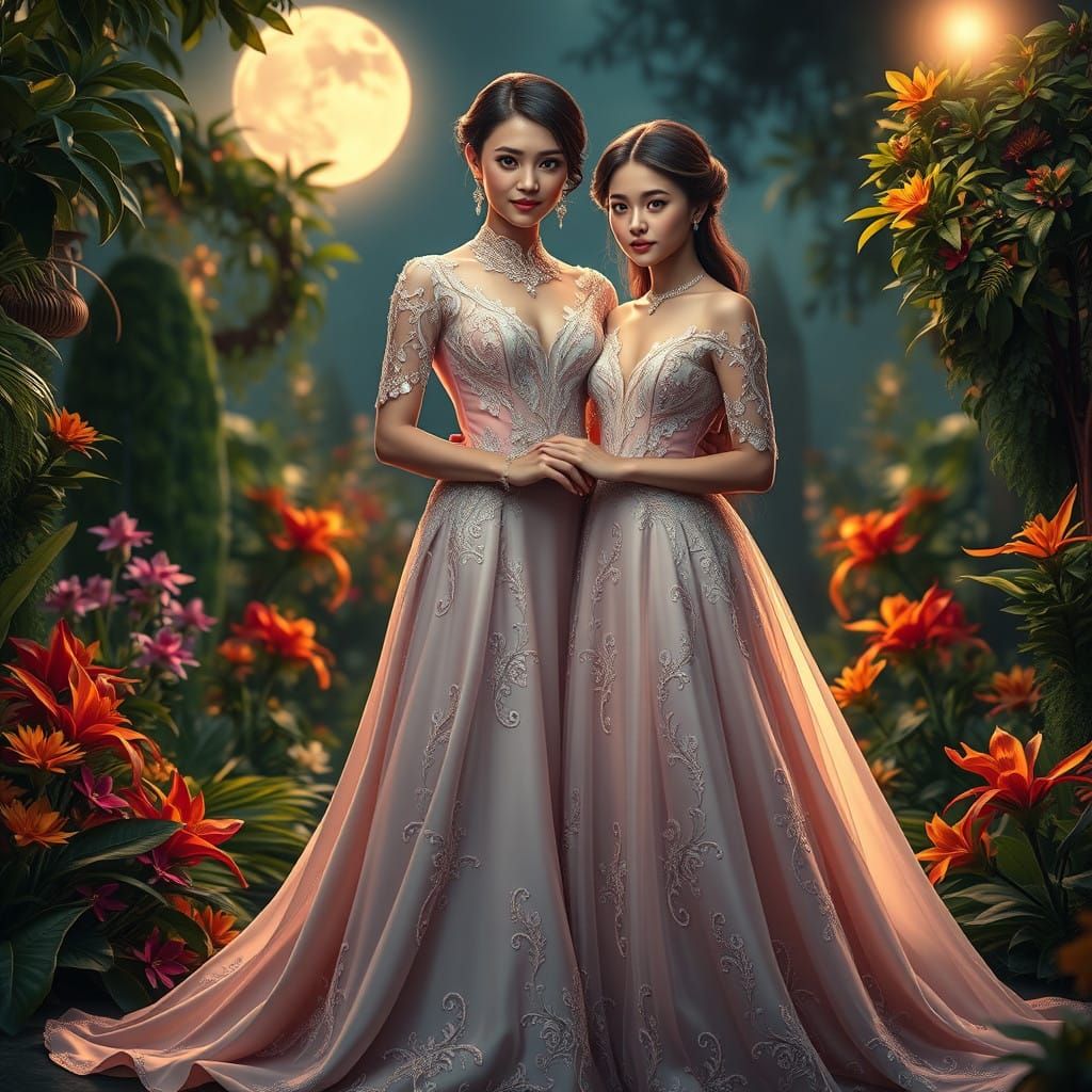 Elegant Mother and Daughter in Moonlit Garden, Hyper-Realist...