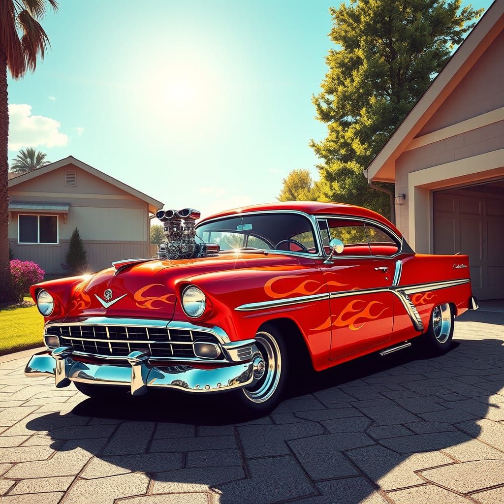 Cherry-Red Greased Lightnin' Car in Comic Style