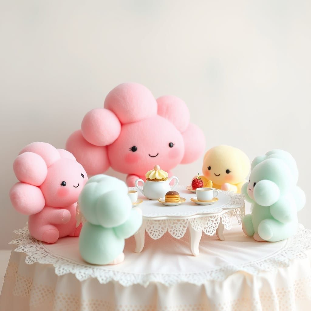 Whimsical Cloud Friends Gather for a Delicate Tea Party