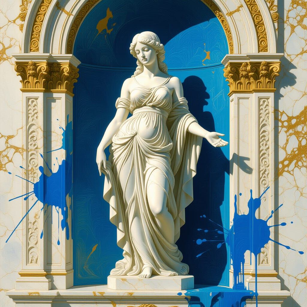 Marble Nymph Statue with Blue Paint Splashes