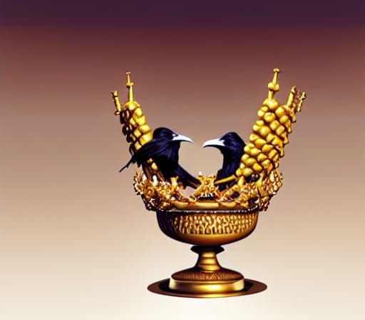 Crowned Raven King Bathing in Golden Cup